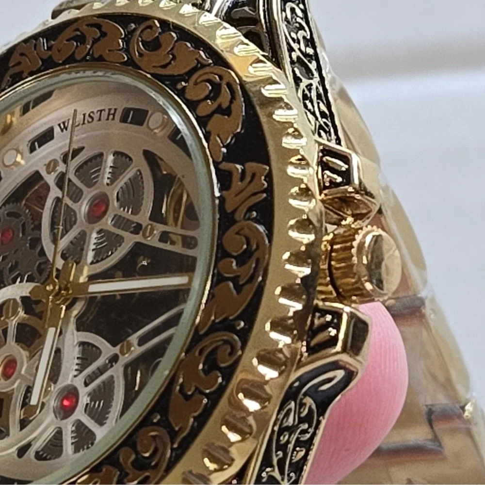 NWOB WLISTH Automatic Skeleton Watch. Gold/Black,SS Case & Strap.